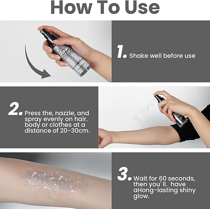 MEICOLY Silver Hair Body Glitter Spray,100ML(3.53OZ),Liquid Glitter Hairspray,Sparkle Glitter Spray for Hair/Body/Clothes,Body Shimmer for Skin,Lightweight,Long Lasting