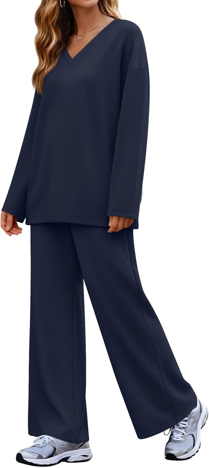 JoyMotion 2 Piece Women's Sweatsuit, V Neck Oversized Tracksuit Wide Leg Pant Fall Lounge Set Long Sleeve Sweatshirts Outfit
