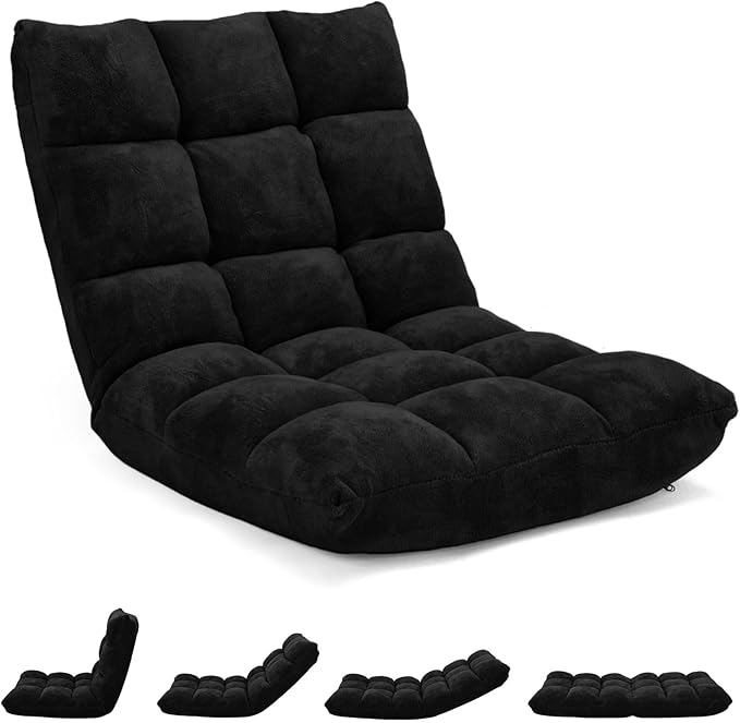 MAT EXPERT 14-Position Floor Chair, Floor Gaming Chair w/Soft Coral Fleece, Alloy Steel Frame, Padded Lazy Couch Recliner, Floor Chair with Back Support for Reading, Meditating, Playing Game (Black)