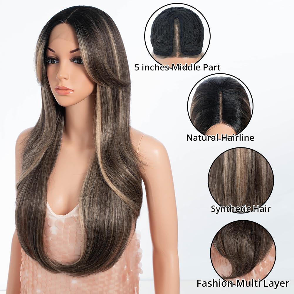 Style Icon 26 Synthetic Lace Front Wigs HD Lace Middle Part Wigs Long Straight Wigs for Women Pre Plucked Wigs with Bangs of Doo