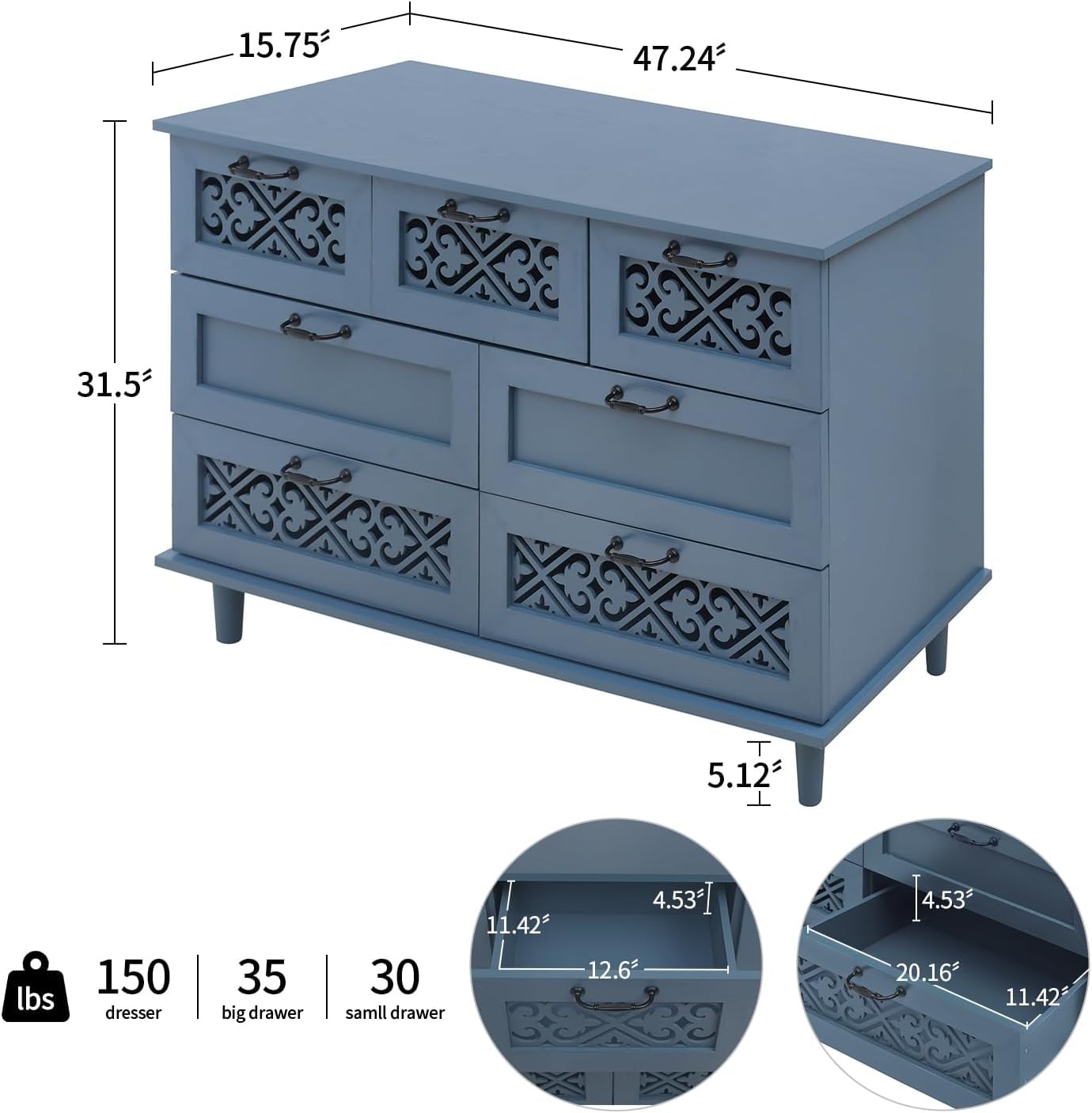 YHFEXYT 47” Wide Dresser for Bedroom with 7 Drawers,American Chest of Drawers with Bar Metal Handle,Wood Drawer Organizer,TV Stand with Large Drawers Muted Blue