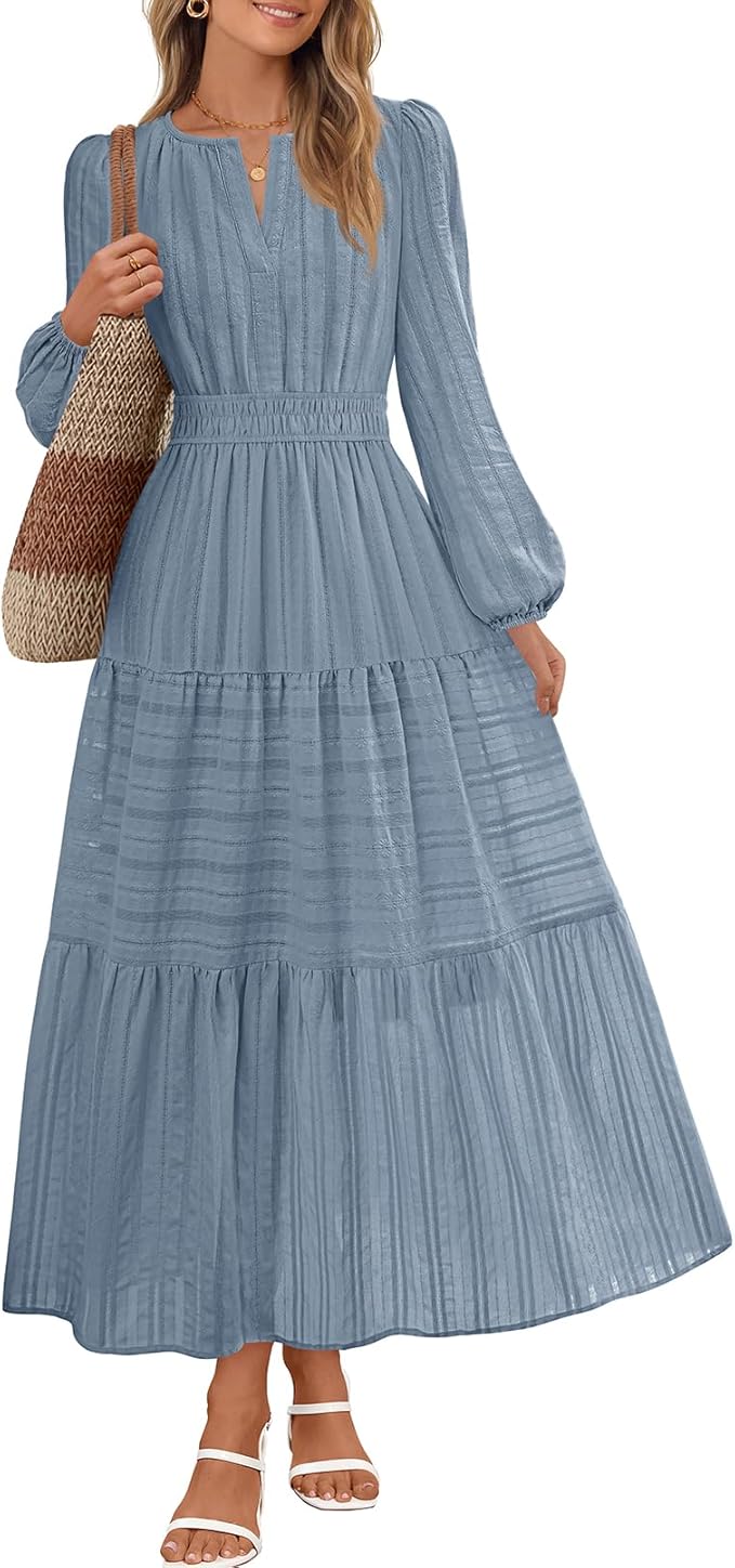 MEROKEETY Winter Midi Dresses for Women 2026 Spring Long Sleeve Casual V Neck Tiered Cotton Maxi Dress Pockets