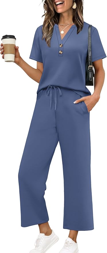 OFEEFAN 2 Piece Sets for Women Spring Fashion Beach Vacation Cruise Outfit Dressy Casual Wide Leg Crop Pants Resort Wear