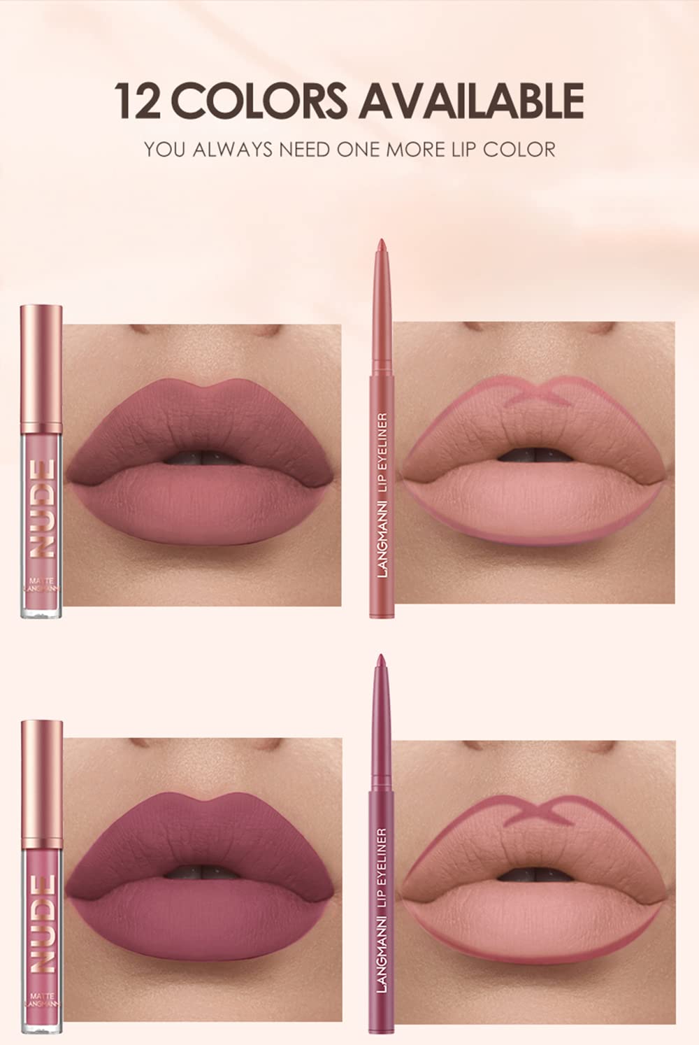 URQT 12pcs Lip Liner and Lipstick Set, 6 Velvety Matte Liquid Lipsticks + 6 Matching Smooth Lip Liner One Step Lips Long Lasting