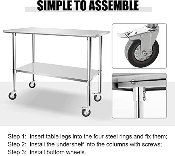 Stainless Steel Table - Metal Table Cart - Commercial Workbench with Caster Wheel - NSF Certified - for Restaurant, Warehouse, Home, Kitchen, Garage,48''x24''