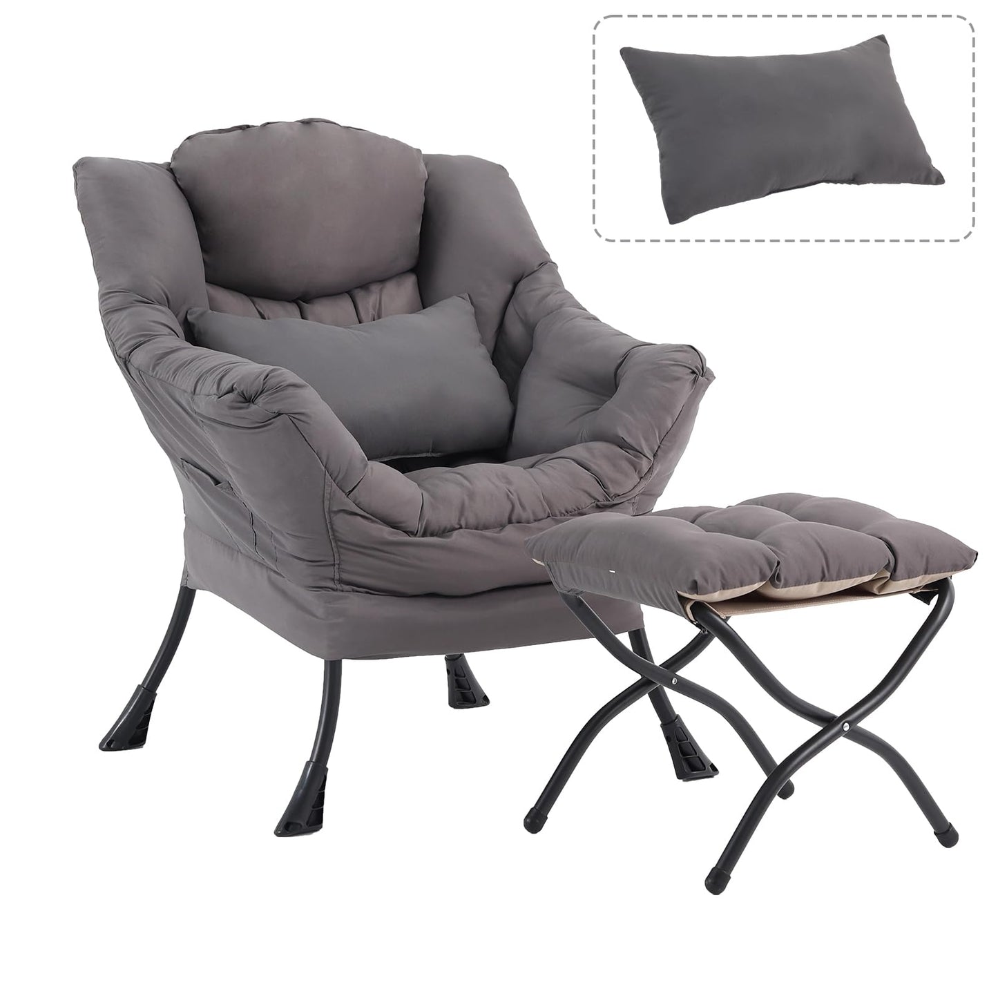 DreamNook Lazy Chair with Ottoman, Modern Accent Chair with Lumbar Pillow, Dark Grey Sofa, Armchairs with Folding Footrest, Oversized Supportive Chairs for Bedroom, Reading