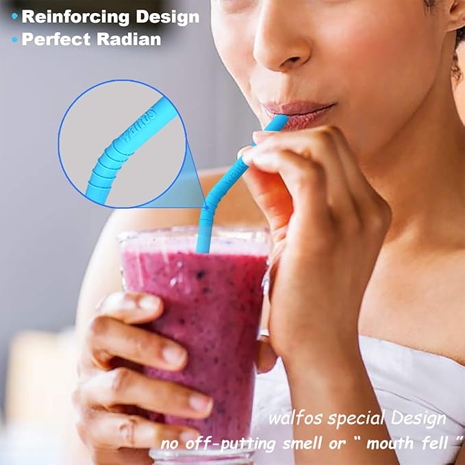Walfos Reusable Silicone Straw - 2 Size Flexible Drinking Bendy Straws for Smoothies/20 & 30 oz Tumblers, BPA Free (4 Wide Straws + 4 Regular Straw + 2 Cleaning Brushes Excluding storage bag）