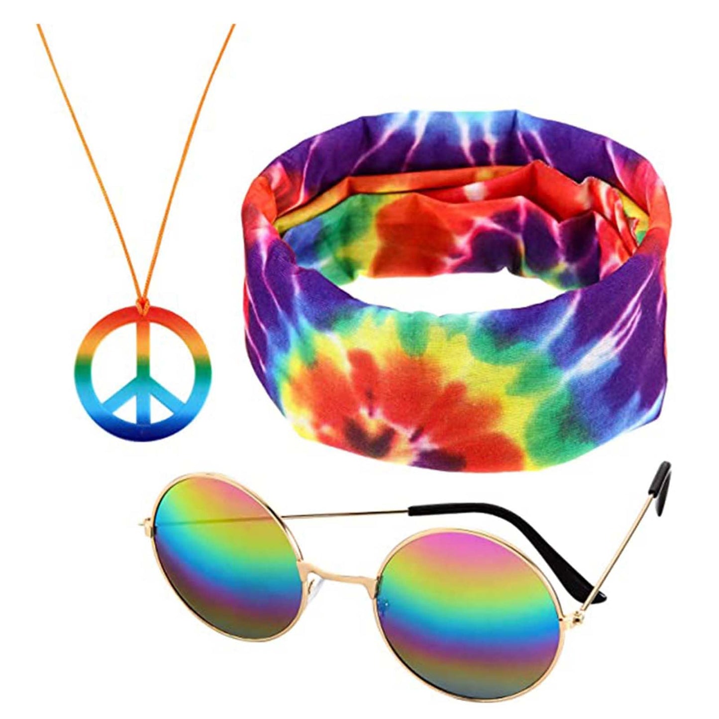 Bombline 4 Pieces Hippie Costume Set,Tie Dye Shirt Women Men,Tie Dye Headband,Rainbow Sunglasses,Peace Sign Necklace,Hippy Clothes for Women, 3X-Large