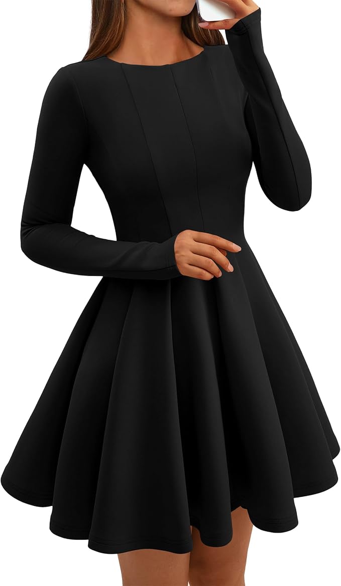 BTFBM Spring Dresses for Women 2026 Long Sleeve High Waist Pleated Flowy Aline Party Wedding Guest Dress Business Casual