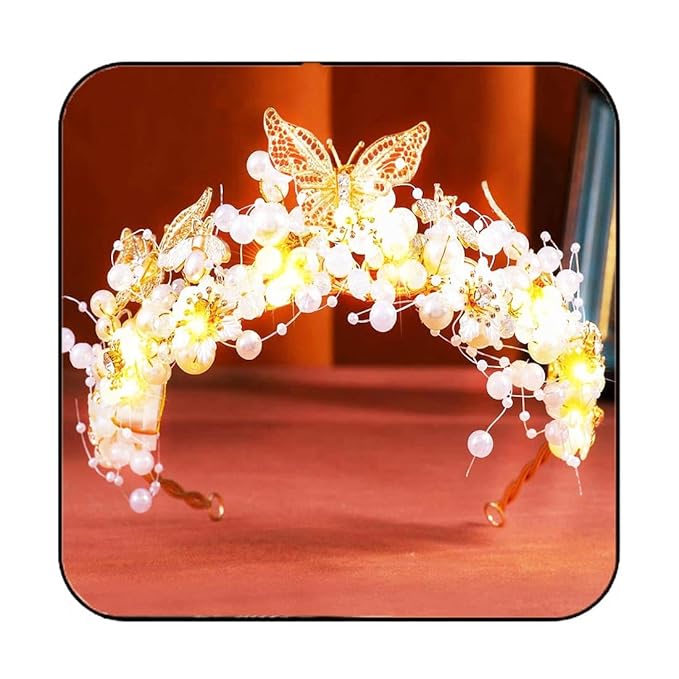 GORTIN Butterfly Crown and Tiara Gold Light up Flower Bride Wedding Headpiece Pearl Headband Bridal Hair Accessories for W...