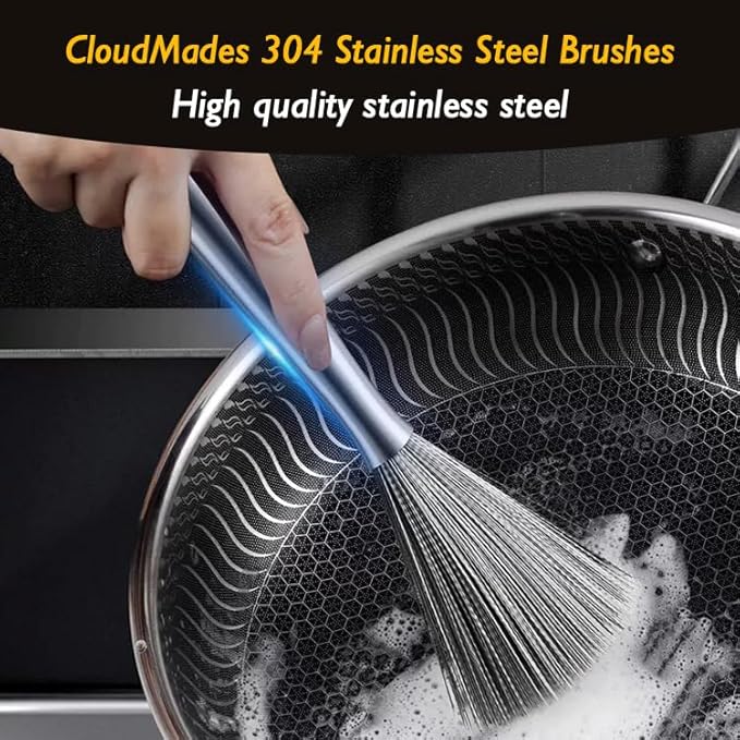 Stainless Steel Dish Brush with Handle, Metal Steel Wool Scrubber for Cast lron, Cookware, Pot, Pan, Grill（1PCS