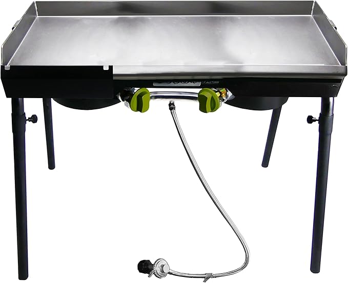 Bayou Classic Dual Patio Camp Stove w/Double Griddle Features Dual 6-in Cast Aluminum Burners 27-in Tall Cooker 13.5-in x ...