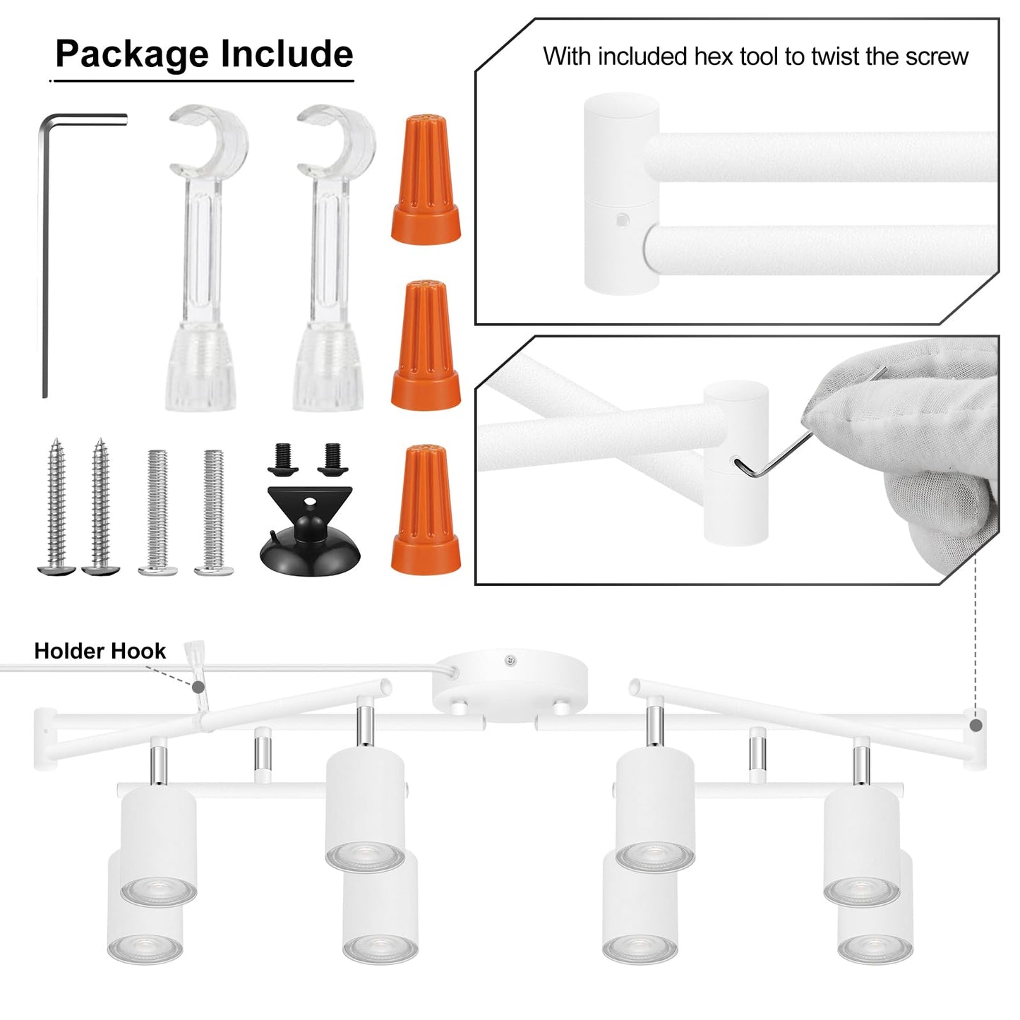 Plug in Track Lighting LED, Track Lighting Fixtures Ceiling, White 8-Light Kitchen Light Kit, Plug in Wall Light with 14.8ft Power Cord, Rotatable Ceiling Spotlight for Bedroom(GU10 Socket, NO Bulb)
