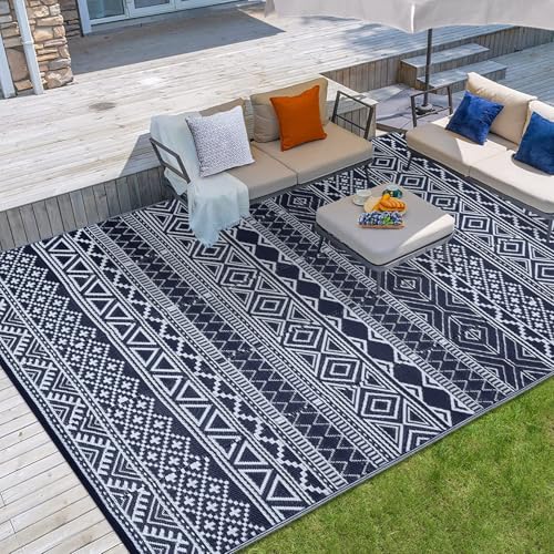 GarveeLife Outdoor Plastic Straw Rug 9x12 Waterproof UV Resistant Foldable Patio Rug Modern Geometric Lightweight Floor Ma...