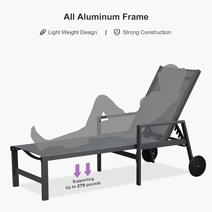 PURPLE LEAF Modern Charcoal Grey Patio Chaise Lounge Set for 2 with Adjustable Pool Chaise Lounge Chair and Table Included