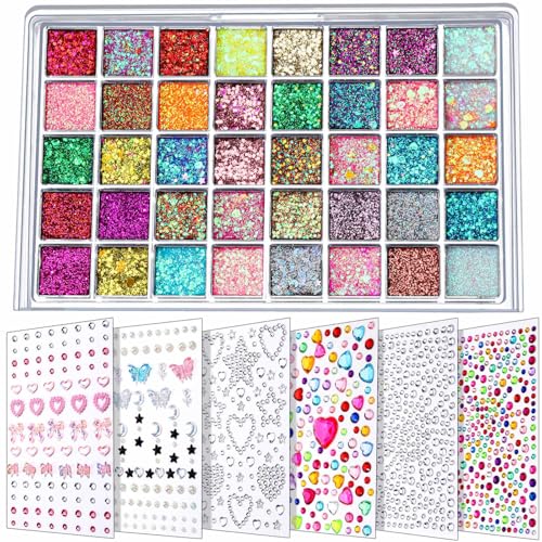 FANDAMEI Face Glitter Face Gems, 40 Colors Glitter Gel Palette with 6 Sheets Self Adhesive Hair Gems, Face Jewels for Wome...