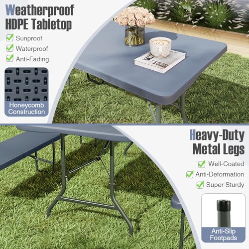Folding Table, HDPE Portable Table with 6 ft Long Tabletop, Metal Frame Picnic Camping Table with Safe Lock, Collapsible D...