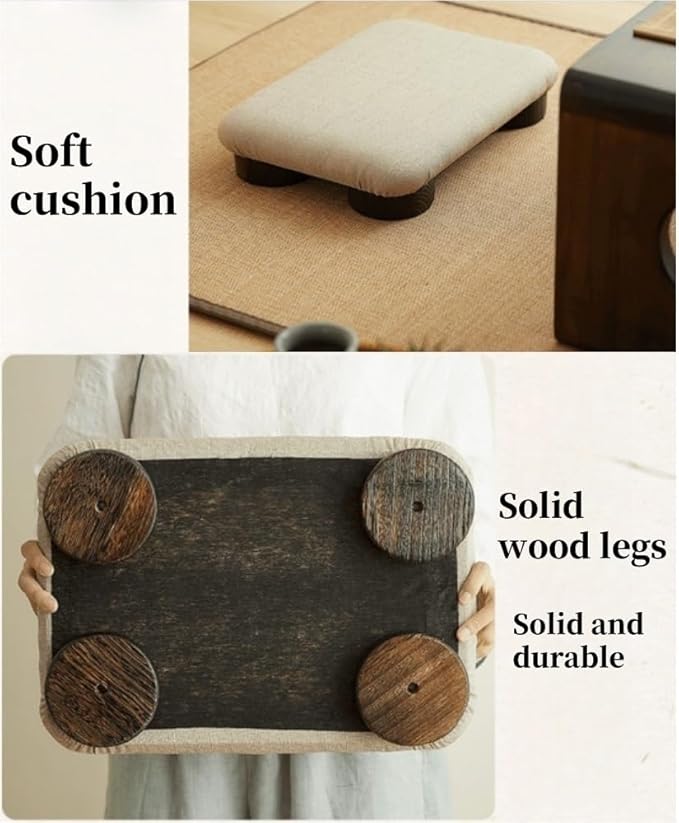 Japanese Tatami Low Stool, Solid-Wood Floor Chair with Cushioned Linen, Bedside Bench or Low Table Seating, Footrest for Meditation(50 * 40 * 7cm)