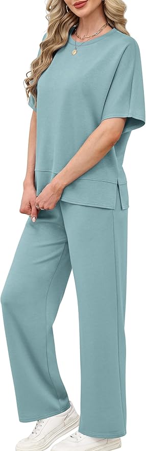 XIEERDUO Women's Side Slit Lounge Sets 2 Piece Travel Outfits Airport Tracksuit Oversized Wide Leg Loungewear S-3XL