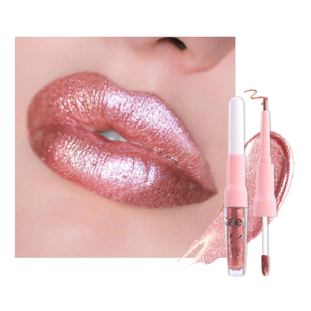 Kaely 2in1 Rose Gold Metallic Lipstick and Lip Liner, Shimmer Glitter Lip Gloss Long Lasting Waterproof 24 Hours, Pearlescent Sp