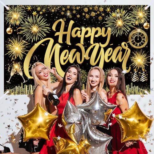 Famoby Happy New Year Fabric Sign Poster Banner Backdrop with Pattern Firework Champagne for Photo Booth Background New Ye...
