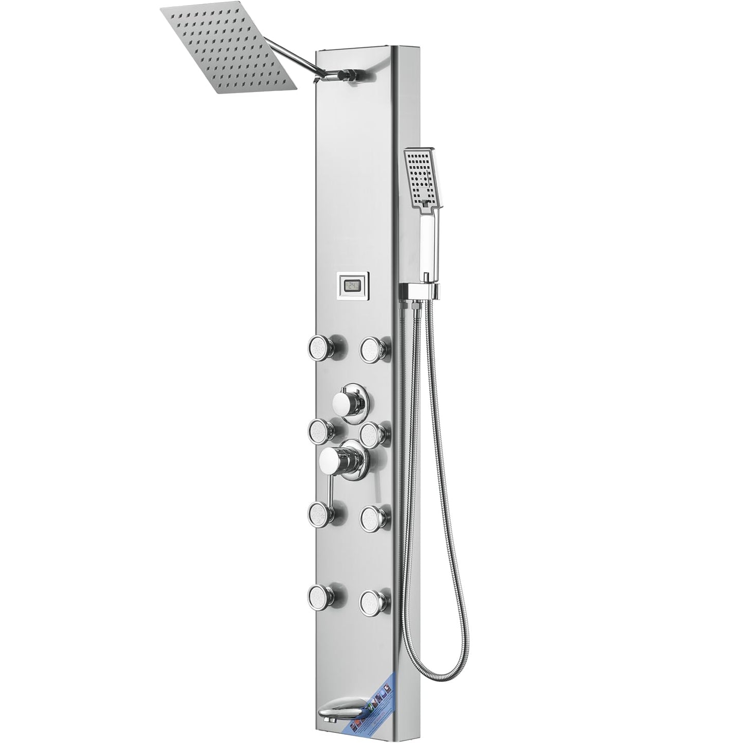 VEVOR Shower Panel Tower System, 5 Shower Modes, Digital Display Shower Panel, Rainfall, 8 Massage Jets, Tub Spout, 3-Setting Handheld Shower Head 59" Hose, Stainless Steel Wall-Mounted Shower Set