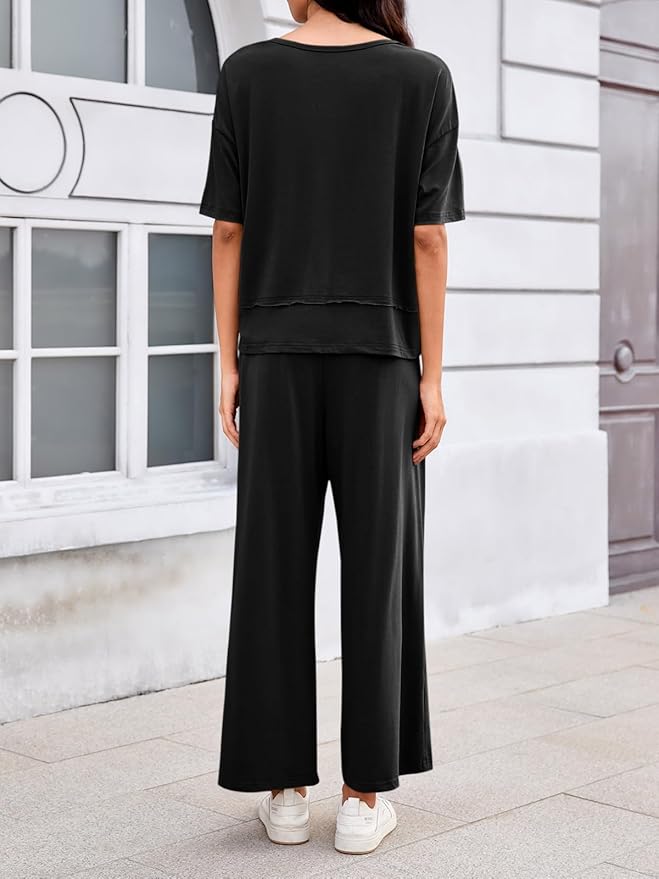 Tankaneo Womens 2 Piece Sets Casual Tracksuits Short Sleeve Tops Wide Leg Pants Outfits Lounge Sets