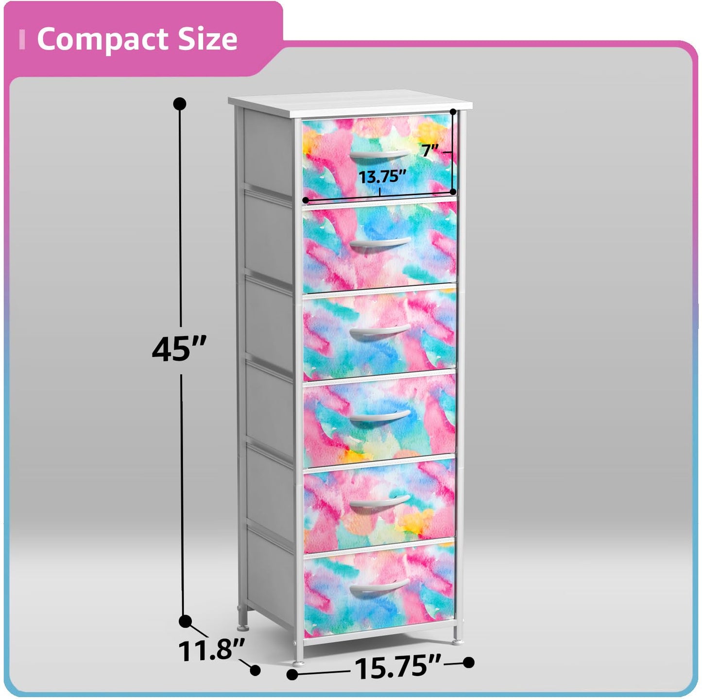 Sorbus Kids Dresser with 6 Drawers - Storage Chest Organizer Nightstand - Steel Frame, Wood Top, Tie-Dye Fabric Bins for Clothes - Wide Furniture for Bedroom, Hallway, Nursery, Closet, & Apartment