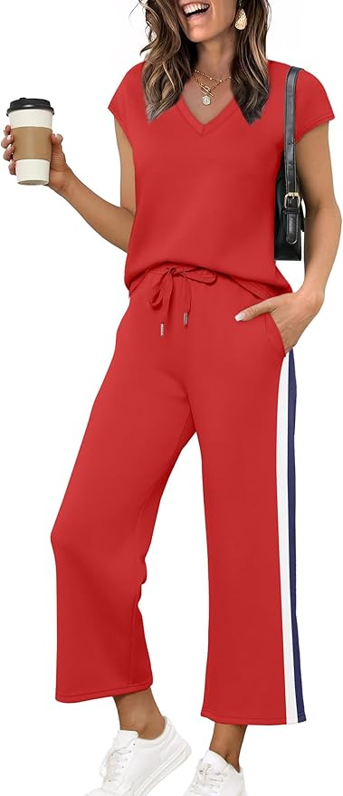 Saloogoe Two Piece Sets for Women Summer Outfits Lounge Sets V Neck Tops Wide Leg Pants Woman Vacation Travel Outfits
