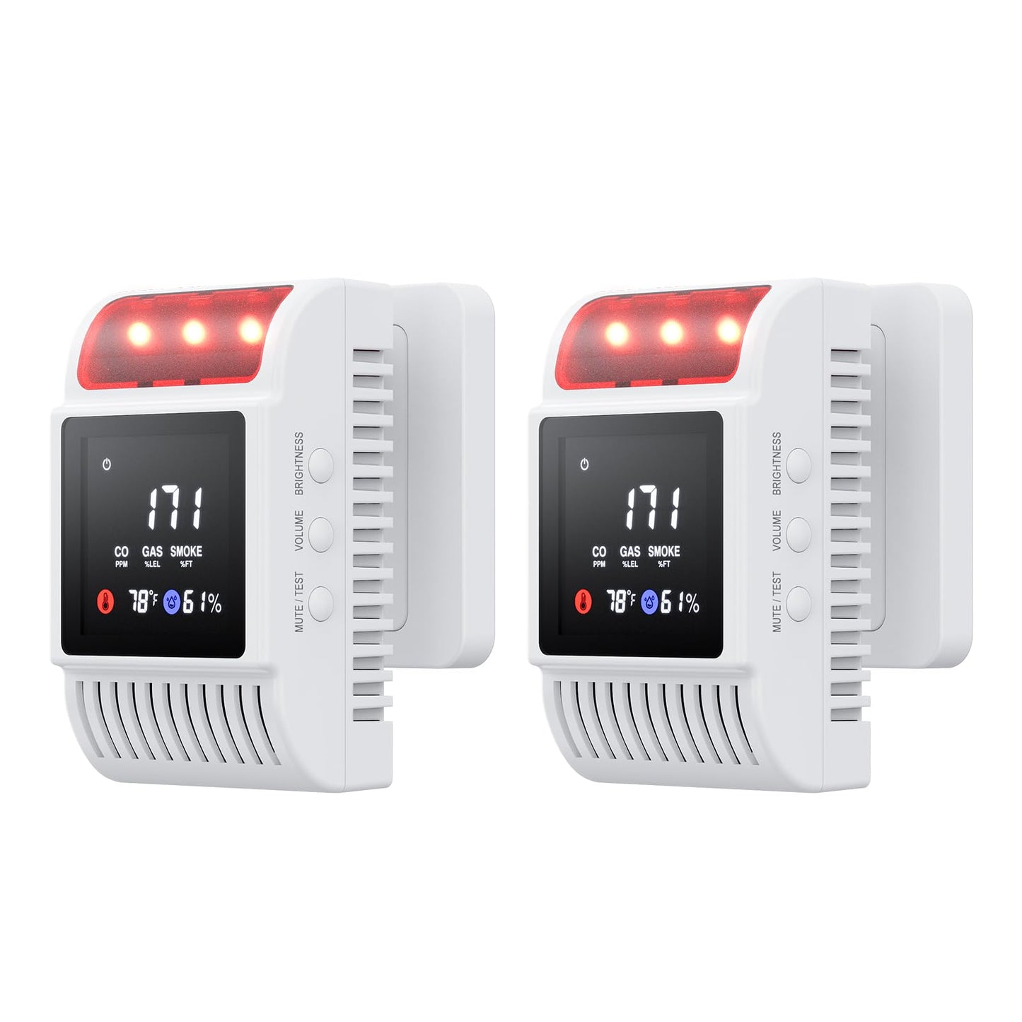 Carbon Monoxide Detectors & Gas Detector, Smoke and Carbon Monoxide Detector Battery Backup with Temperature Humidity Detection, CO & Smoke Alarm Adjustable Brightness & Sound for Home/Travel 2 Pack
