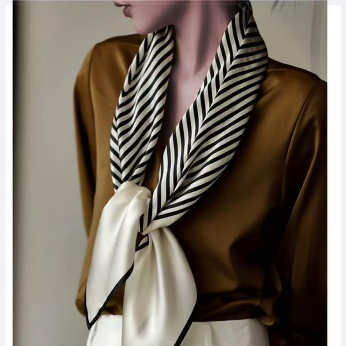 FairyCity Luxury Silk Square Scarf, Black and White Striped Pattern, Classic Geometric Design 35 inches