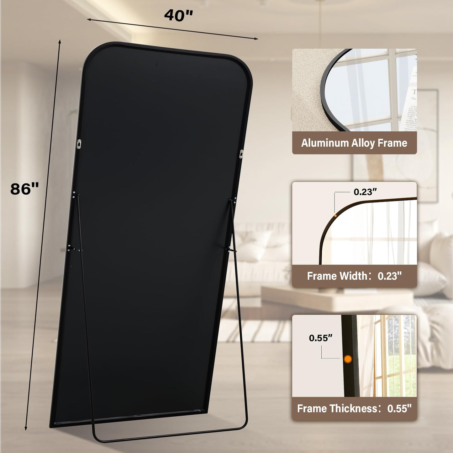 XRAMFY Full Length Mirror - Large Floor Standing & Wall Mountable Full Body Mirror with Sturdy Aluminum Frame, Arched Top Design, Freestanding or Hanging for Bedroom, Living Room, Cloakroom,Black