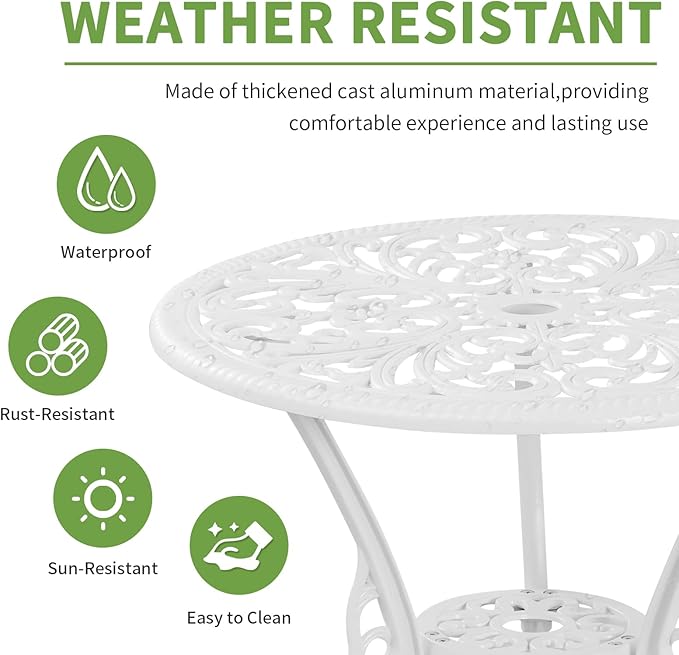 Withniture Patio Bistro Sets 3 Piece,Cast Aluminum Bistro Table and Chairs Set of 2 with 1.97" Umbrella Hole,All Weather Bistro Table Set Outdoor Patio Furniture for Garden,Yard(Butterfly White)