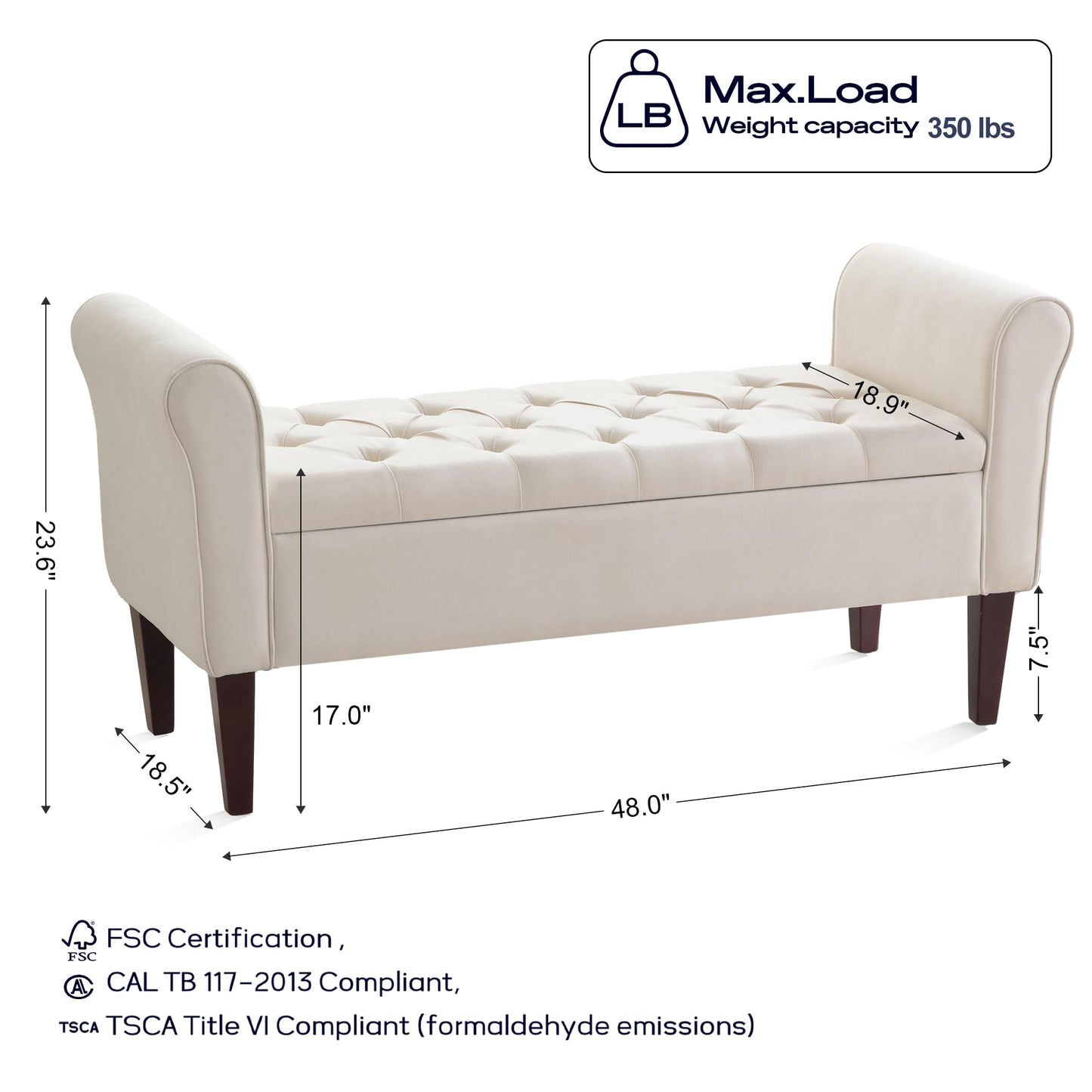 HUIMO 48" Arm Storage Ottoman with 7.5-inch Solid Wood Legs, Storage Bench, Upholstered Window Sitting Bench for Bedroom,End of Bed Bench Indoor, Livingroom, Entryway (Beige)