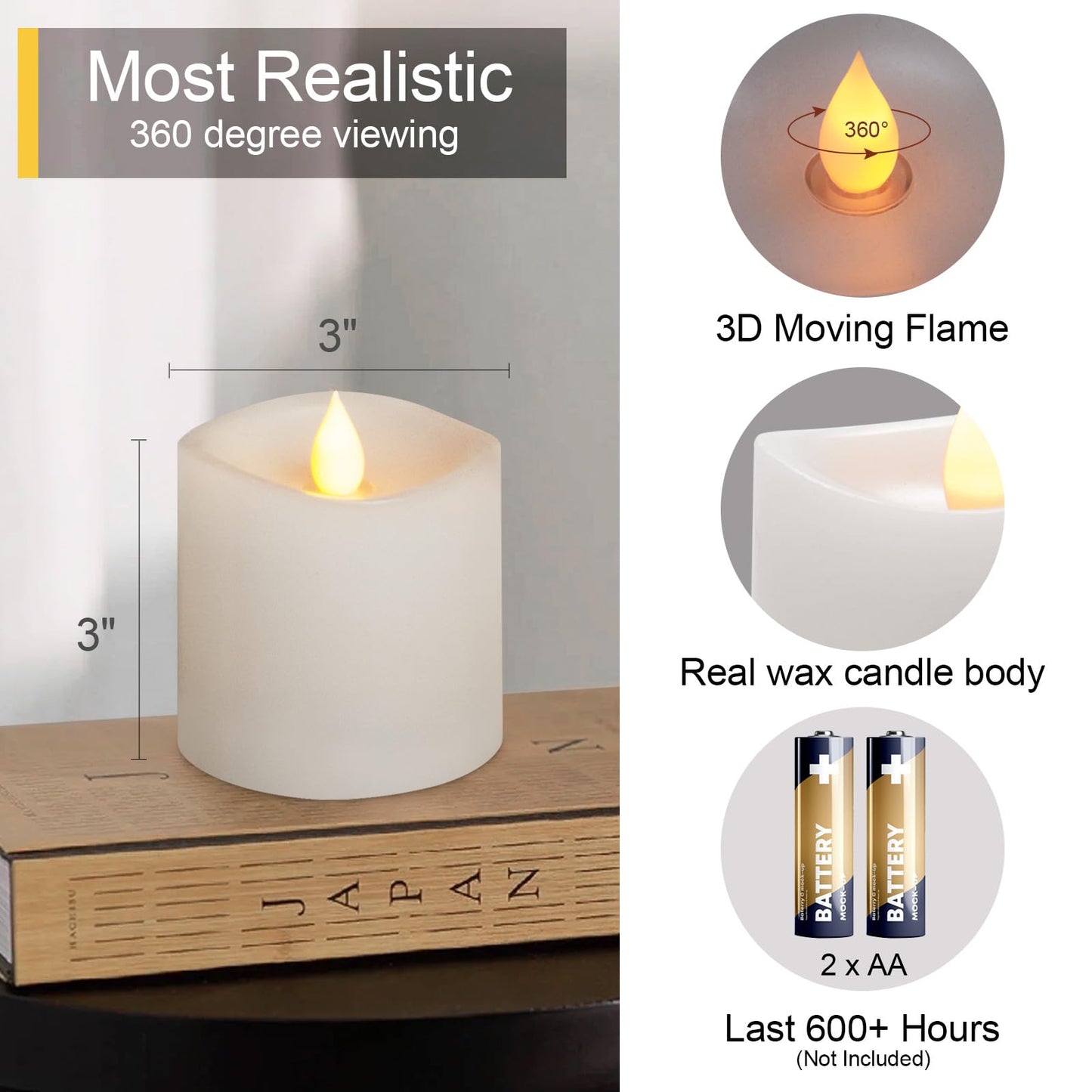 Genwelled Life Plus Flickering Flameless LED Candles Battery Operated Candle 2AA 600 Hours White 3x3 inch Set of 3 Real Wax Pillar Candles with Remote and Timer Halloween Christmas Holiday and Wedding