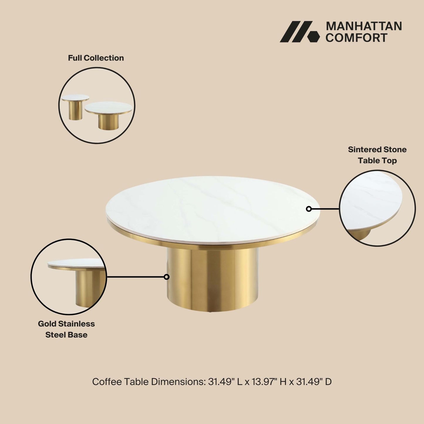 Manhattan Comfort Glenn Round Coffee Table with Sleek Sintered Stone Top and Stainless Steel Base, Elegant Design for Modern Living Room, Centerpiece, Gold