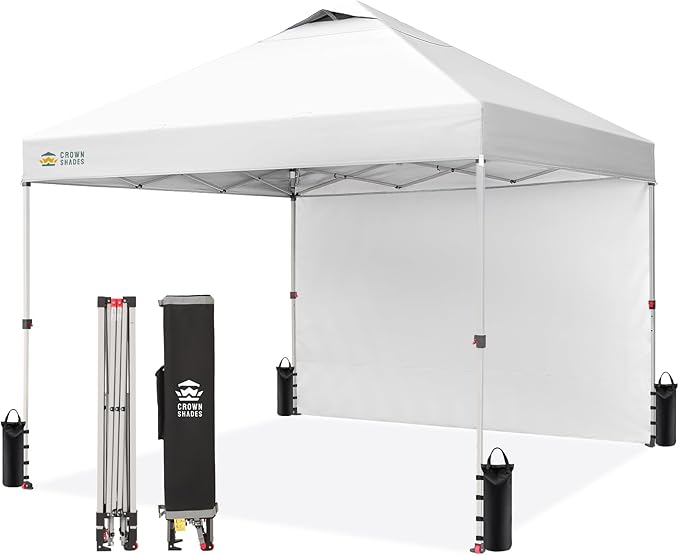 CROWN SHADES 10x10 Pop Up Canopy with 1 Side Wall - Beach Tent with One Push Setup - Outdoor Sun Shade for Events, Partie...