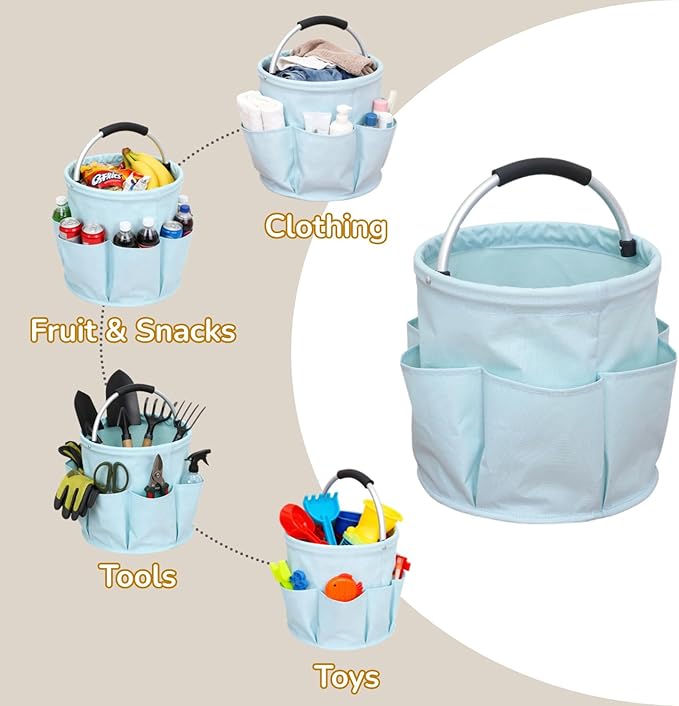 17L Foldable Storage Basket with 6 Side Pockets Cleaning Caddy with Handle Folding Storage Bin for Home Bathroom Camping Gardening (Light Blue)