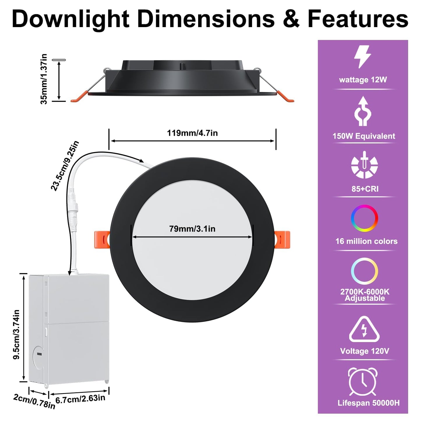 SikSog Black 24 Pack Smart Recessed Lighting 4 Inch RGBCW Color Changing 12W LED Downlight with Junction Box,1000 Lumen Recessed Ceiling Light Compatible with Alexa,Dimmable by Bluetooth Control