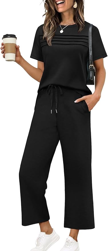WIHOLL Two Piece Sets for Women Summer Travel Vacation Outfits Short Sleeve Lounge Sets Side Slit Wide Leg Pants S-3XL