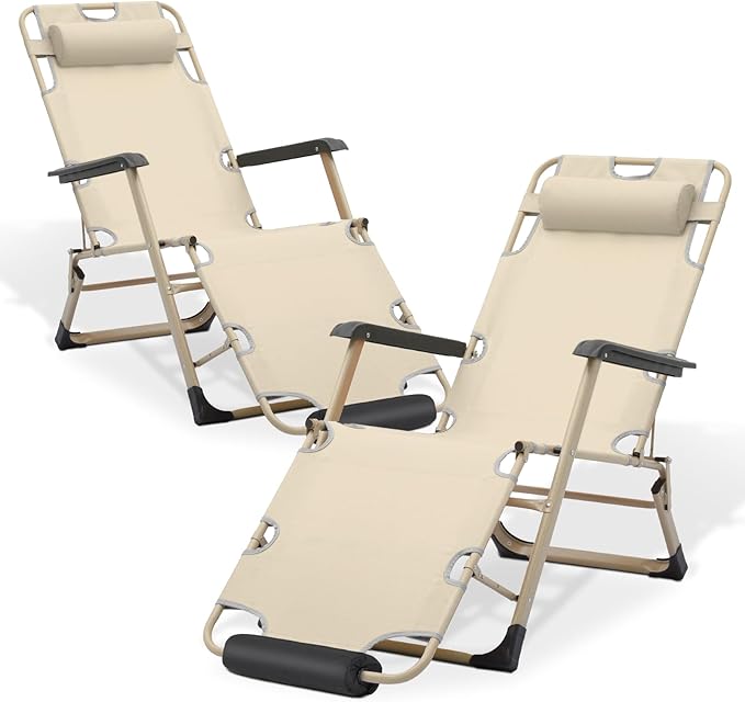 Athena Collection Zero Gravity Outdoor Lounge Chair Set of 2, 26" Width Reclining Pool Lounge Lawn Chairs Recliner with Headrest Foot Pad, Outdoor Chaise for Beach Patio Backyard Outside, Beige