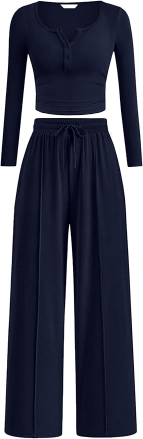 PRETTYGARDEN Women's 2026 Fall Trendy 2 Piece Outfits Lounge Sets Long Sleeve Top Henley Shirts Wide Leg Pants Travel Clothes