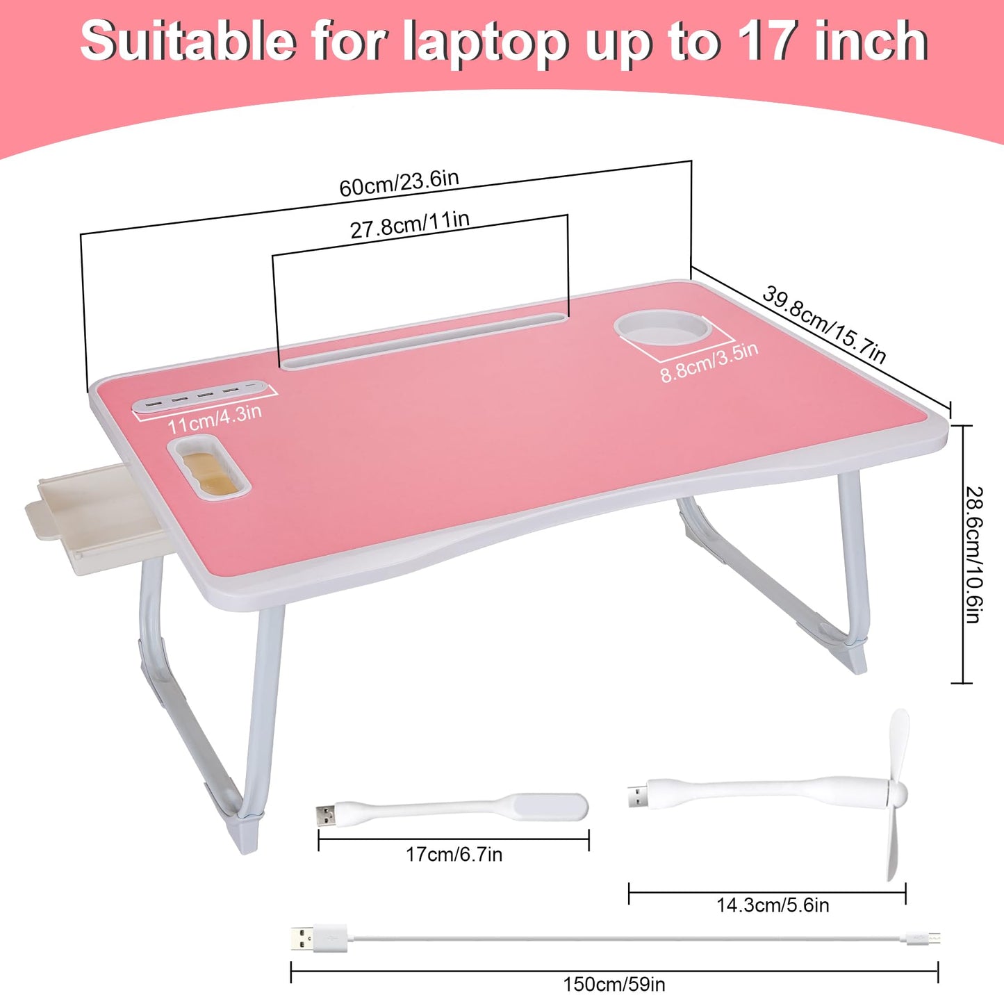 Laptop Bed Table, Laptop Desk for Bed, Foldable Laptop Bed Desk with USB Charge Port, Handle, Desktop Card Slot, Cup Slot, Side Drawer, Portable Laptop Table for Eating Reading Working