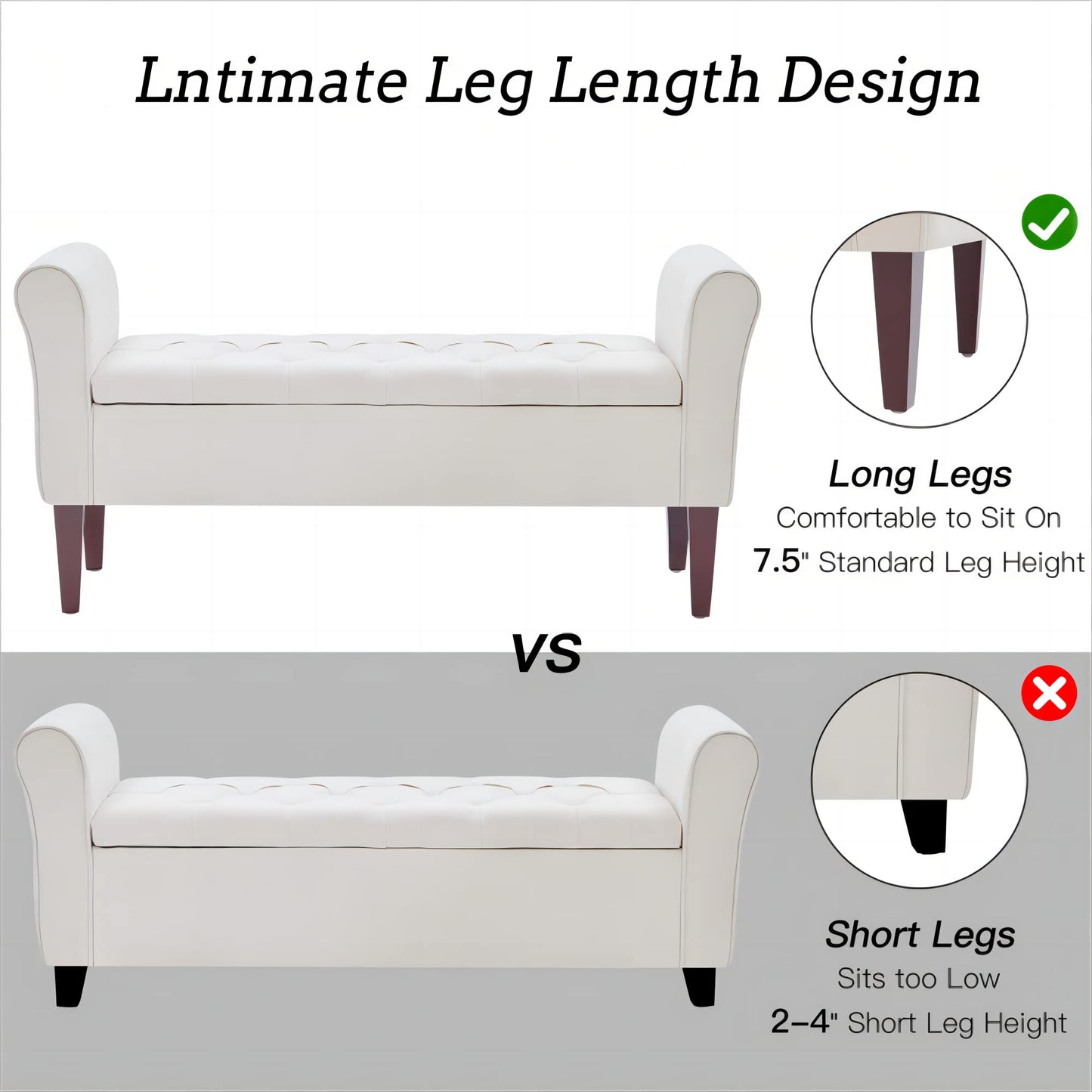 HUIMO 48" Arm Storage Ottoman with 7.5-inch Solid Wood Legs, Storage Bench, Upholstered Window Sitting Bench for Bedroom,End of Bed Bench Indoor, Livingroom, Entryway (Beige)