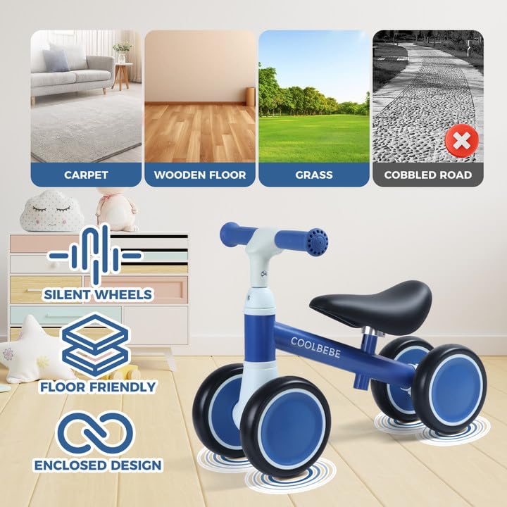 COOLBEBE Toddler Balance Bike for 1 Year Old Boys Girls Gift, 2 Years Toddler Balance Bike with 4 Silent Wheels, One Year Old Birthday Gift Baby for 12M-36M Pre-School (Blue)