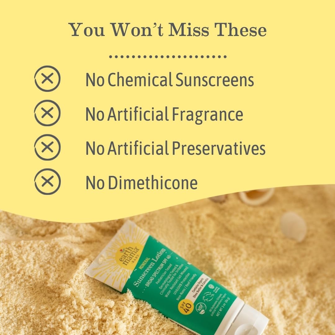 Earth Mama Baby Mineral Sunscreen Lotion SPF 40 | Reef Safe, Non-Nano Zinc, Natural Water Resistant Sun Cream for Babies, Kids &
