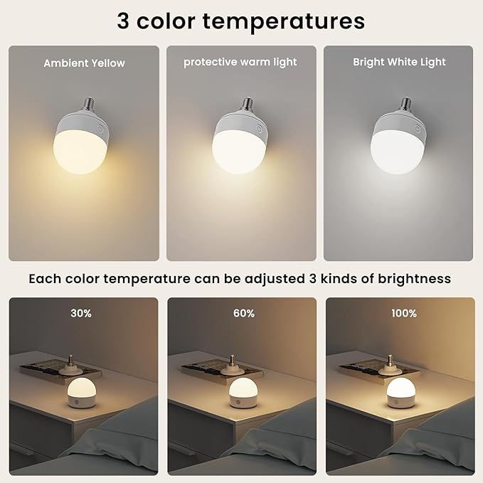 2Packs E26 Rechargeable Light Bulbs with Remote and Timer, 8W 600lm Bright Magnetic Light Bulbs, 2500mAh Battery Operated Lightbulbs, 3 Color Temperature, Dimmer for Non-Hardwired Lamp