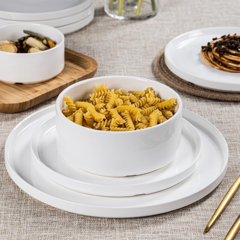 Porcelain Dinnerware Sets for 6, 24pcs High-sided Plates and Bowls Set, White Chip and Scratch Resistant Dinner Set - Dishwasher & Microwave Safe Dinging Dishes Set, QOMO-1996