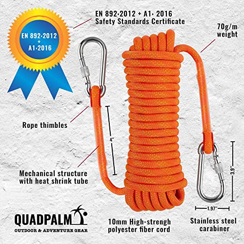QUADPALM Grappling Hook and Rope 10M (32ft) - Multifunctional Heavy Duty Survival Hook - 4 Stainless Steel Folding Claws -...