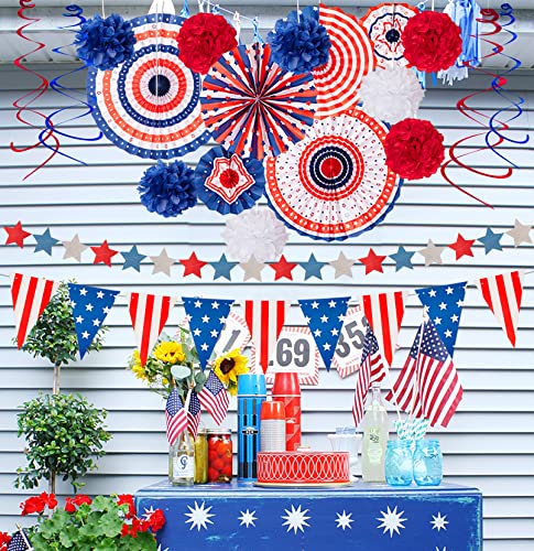 29PCS 4th/Fourth of July Patriotic Decorations Set - Red White Blue Paper Fans,USA Flag Pennant,Star Streamer,Pom Poms,Han...